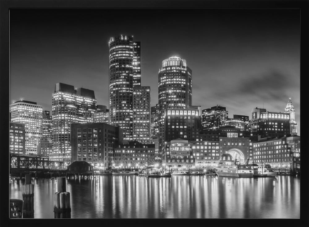 BOSTON Fan Pier Park &amp; Skyline in the evening - Monochrome Panoramic Poster