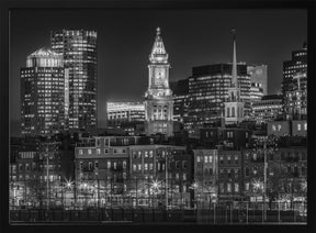 BOSTON Monochrome evening skyline of North End &amp; Financial District Poster