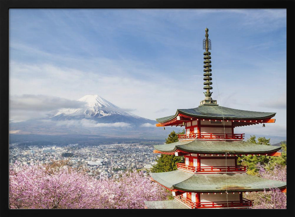 Magnificent view of Mount Fuji with Chureito Pagoda during cherry blossom season Poster