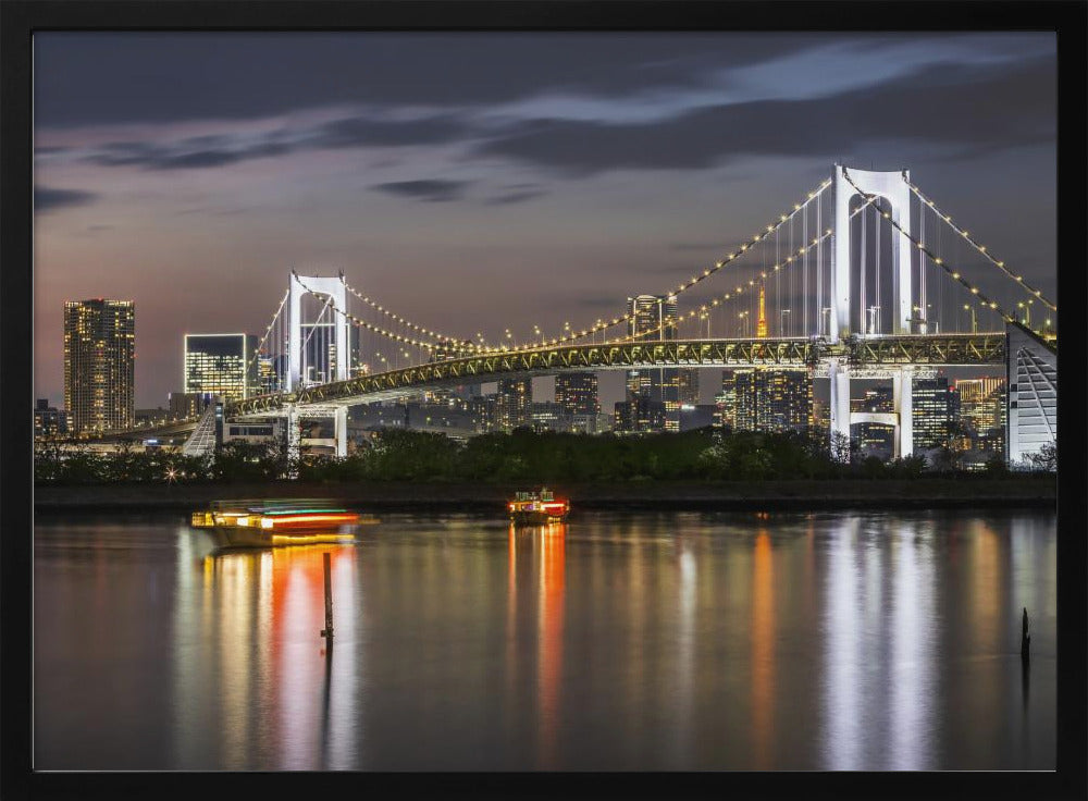 Charming Rainbow Bridge and Tokyo Skyline at sunset - Panorama Poster