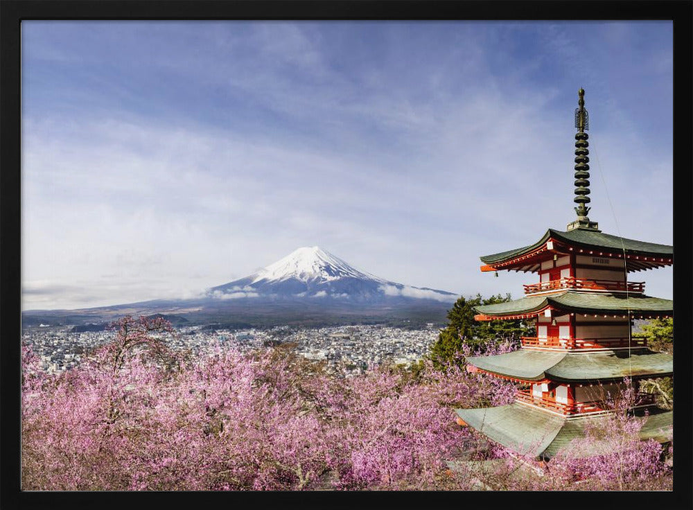 Magnificent panoramic view of Mount Fuji with Chureito Pagoda during cherry blossom season Poster