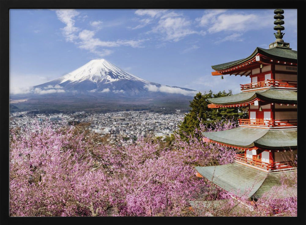 Gorgeous panoramic view of Mount Fuji with Chureito Pagoda during cherry blossom season Poster