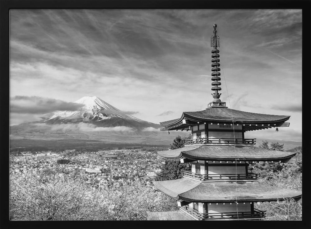 Magnificent view of Mount Fuji with Chureito Pagoda during cherry blossom season - monochrome Poster