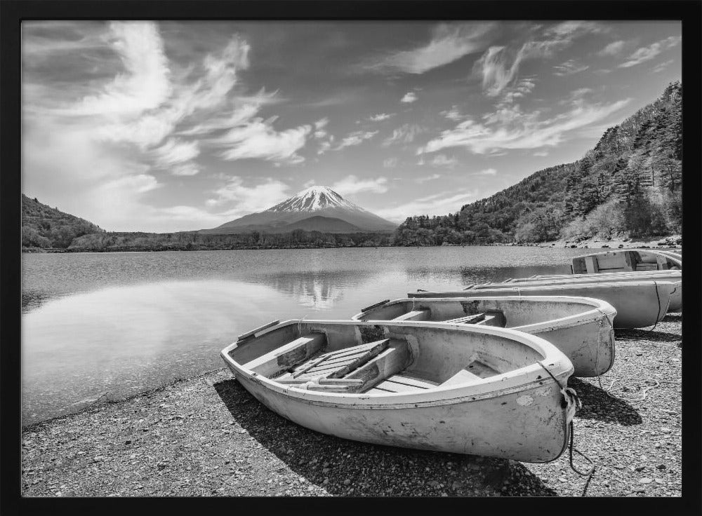 Idyllic Lake Shoji with Mount Fuji - monochrome Poster