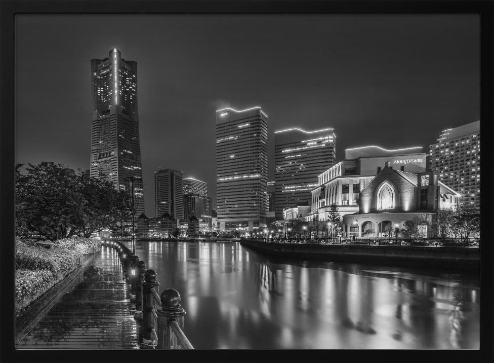 Fascinating Yokohama skyline at night - monochrome Poster