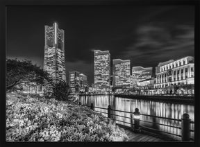 Idyllic Yokohama skyline at night - monochrome Poster