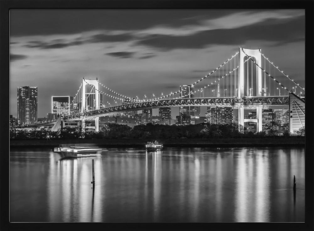 Gorgeous Rainbow Bridge and Tokyo Skyline at sunset - monochrome panorama Poster