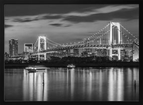 Charming Rainbow Bridge and Tokyo Skyline at sunset - monochrome panorama Poster