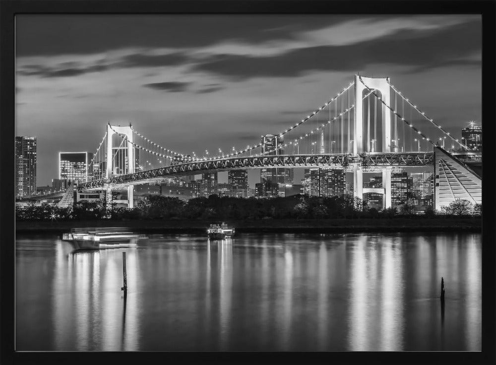 Gorgeous Rainbow Bridge and Tokyo Skyline at sunset - monochrome Poster