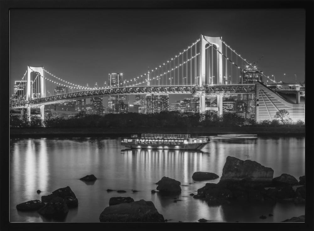 Striking Rainbow Bridge with Tokyo Skyline in the evening - monochrome panorama Poster