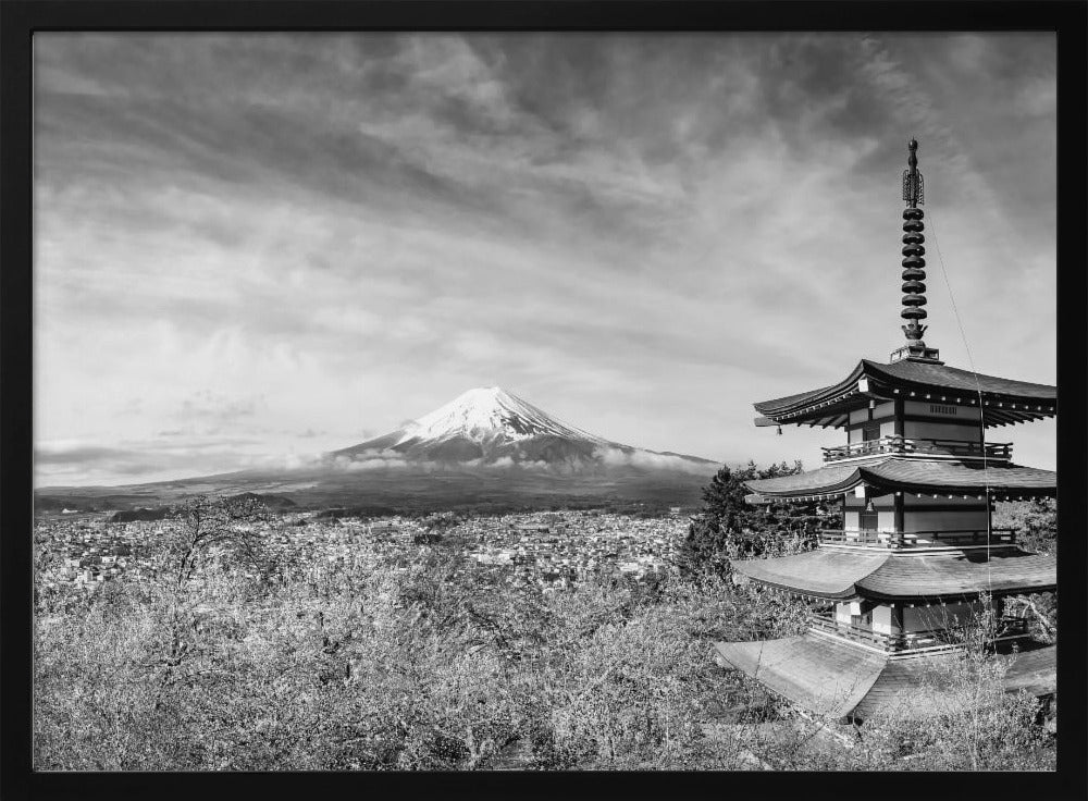 Magnificent panoramic view of Mount Fuji with Chureito Pagoda during cherry blossom season - monochrome Poster