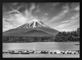 Idyllic Lake Shoji with majestic Mount Fuji - monochrome Poster