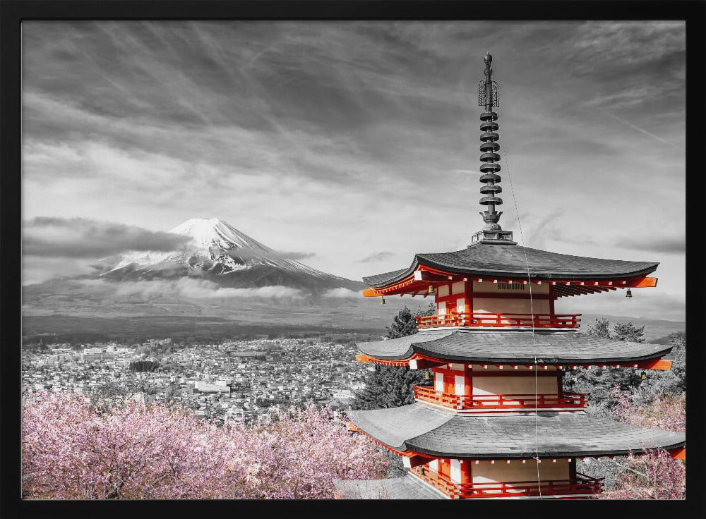 Magnificent view of Mount Fuji with Chureito Pagoda during cherry blossom season - colorkey Poster