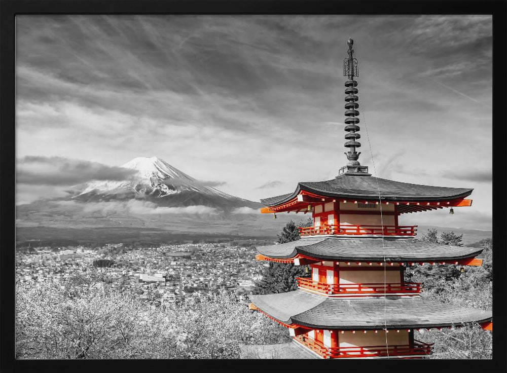 Magnificent view of Mount Fuji with Chureito Pagoda - colorkey Poster