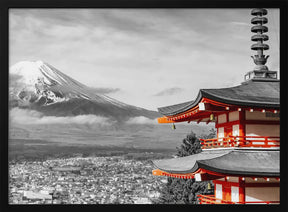 Unique panoramic view of Mount Fuji with Chureito Pagoda - colorkey Poster