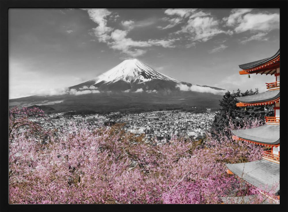 Idyllic panoramic view of Mount Fuji with Pagoda and Cherry Trees - colorkey Poster