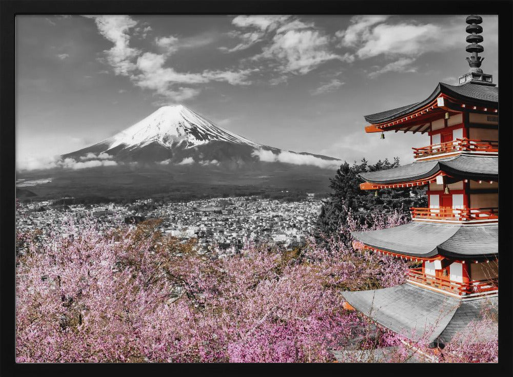 Lovely view of Mount Fuji with Pagoda and Cherry Trees - colorkey Poster