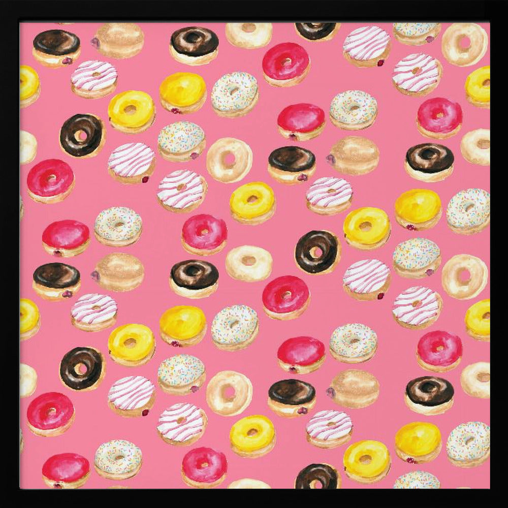 Watercolor donuts pattern in hot pink Poster