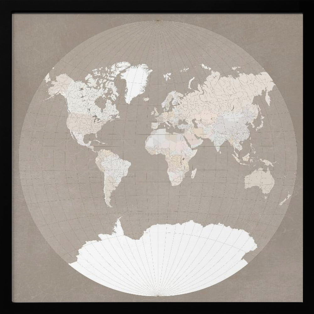 The world map in a circle, muted brown Poster