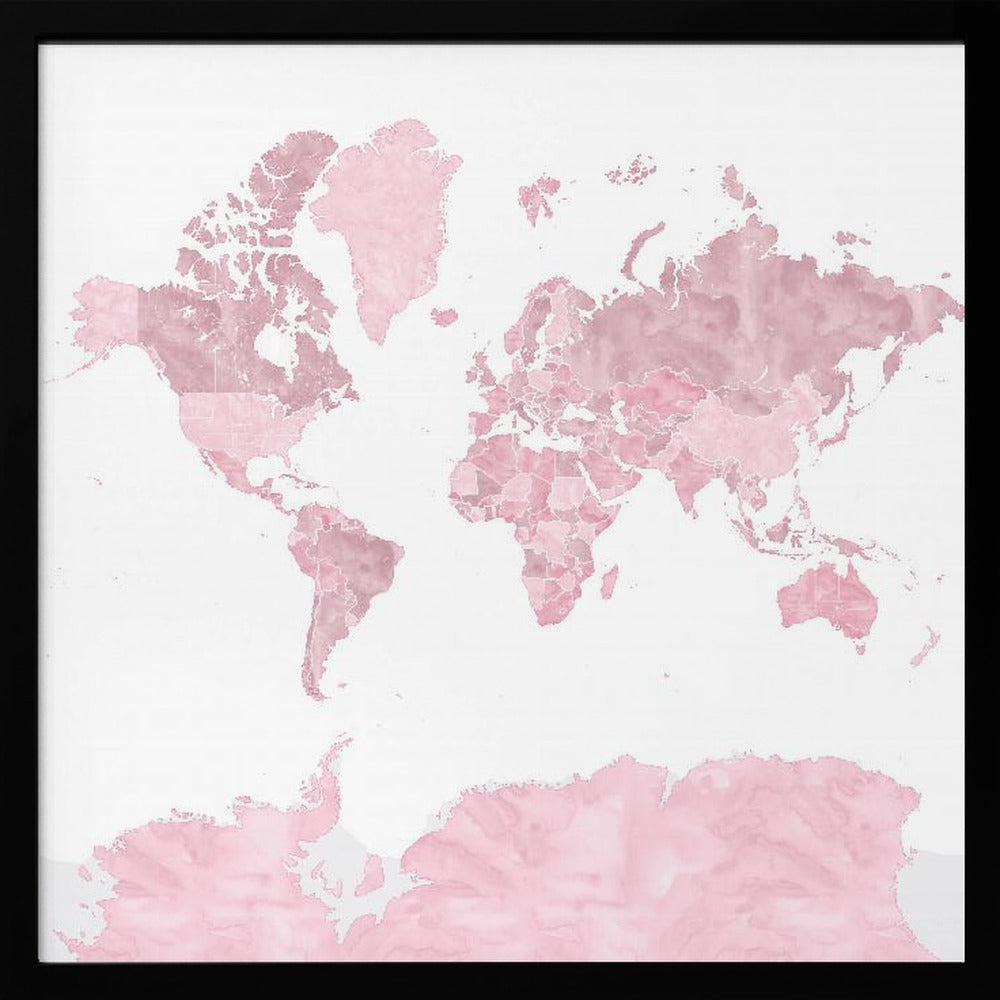 Pink watercolor world map with outlined countries, Melit Poster