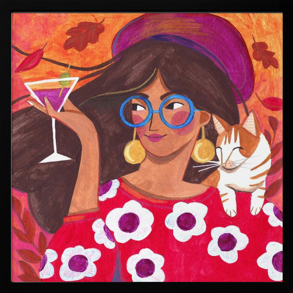 Modern Autumn portrait Woman with Cat Poster