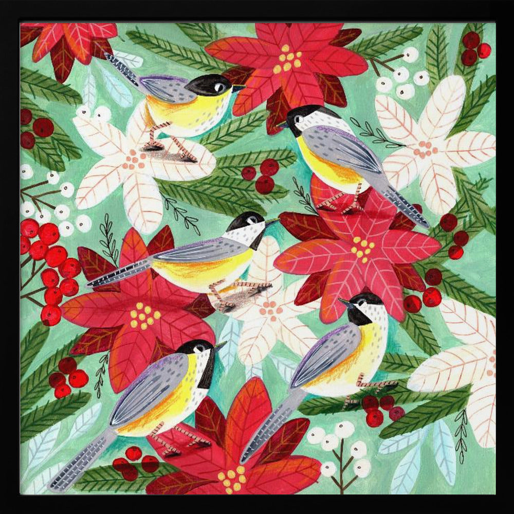 Winter birds tits and Christmas flowers Poster