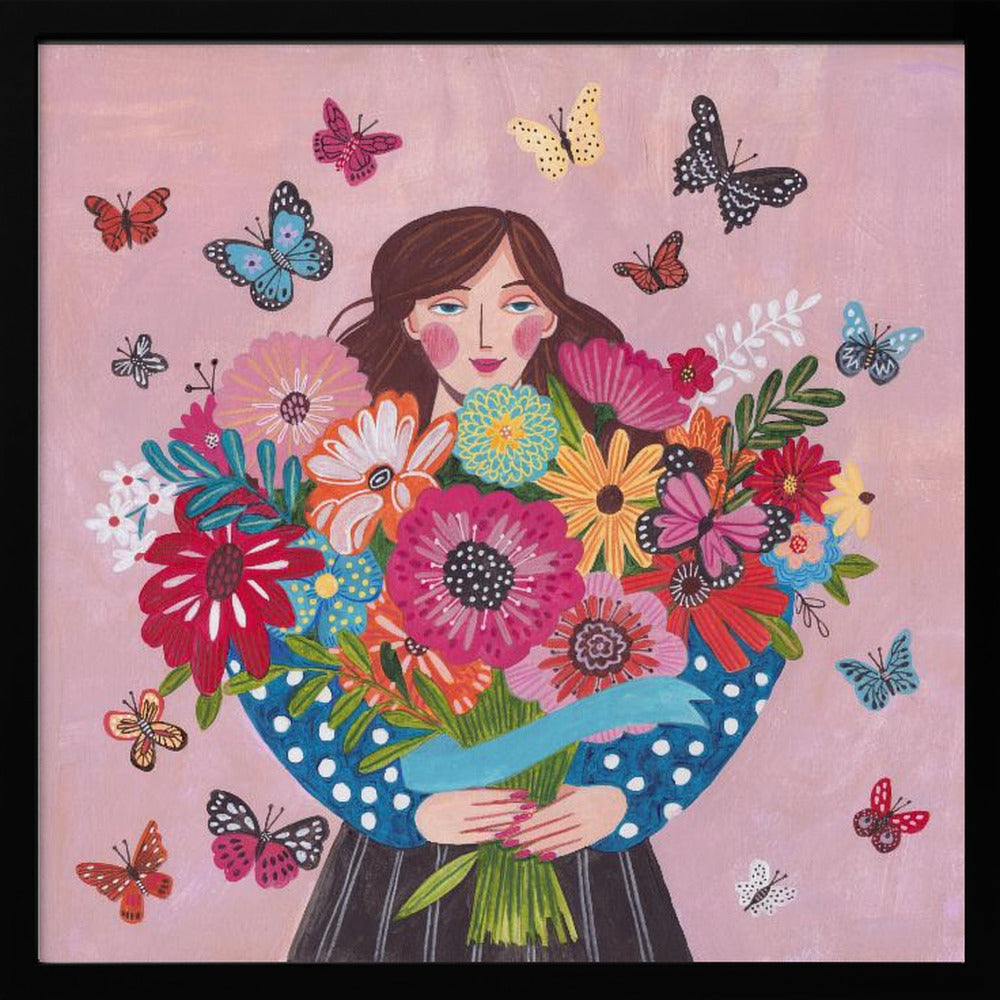 Woman with flower bouquet Poster