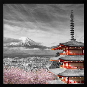 Lovely view of Mount Fuji with Chureito Pagoda during cherry blossom season - colorkey Poster