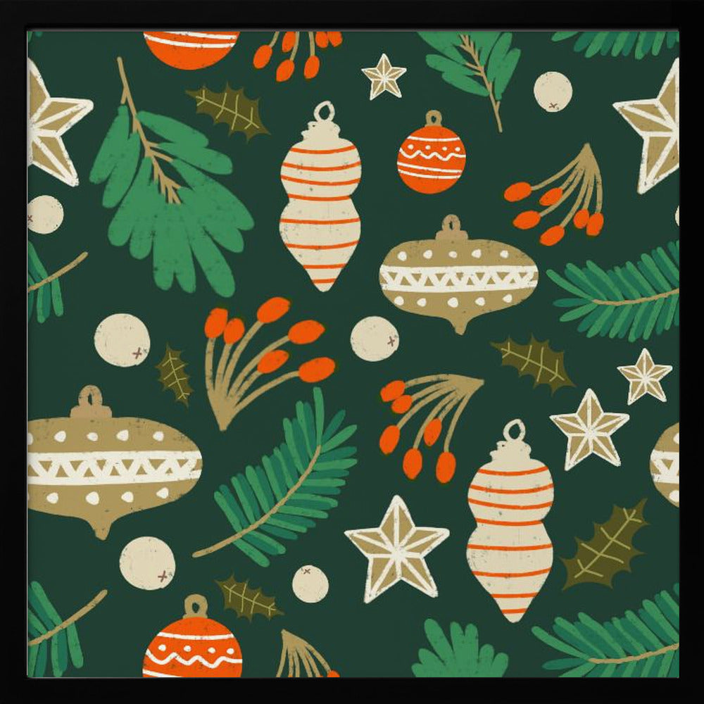 Christmas Baubles and Winter Foliage Green Poster