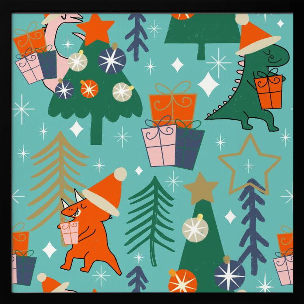 Dinosaurs Christmas Party Baby Blue Poster