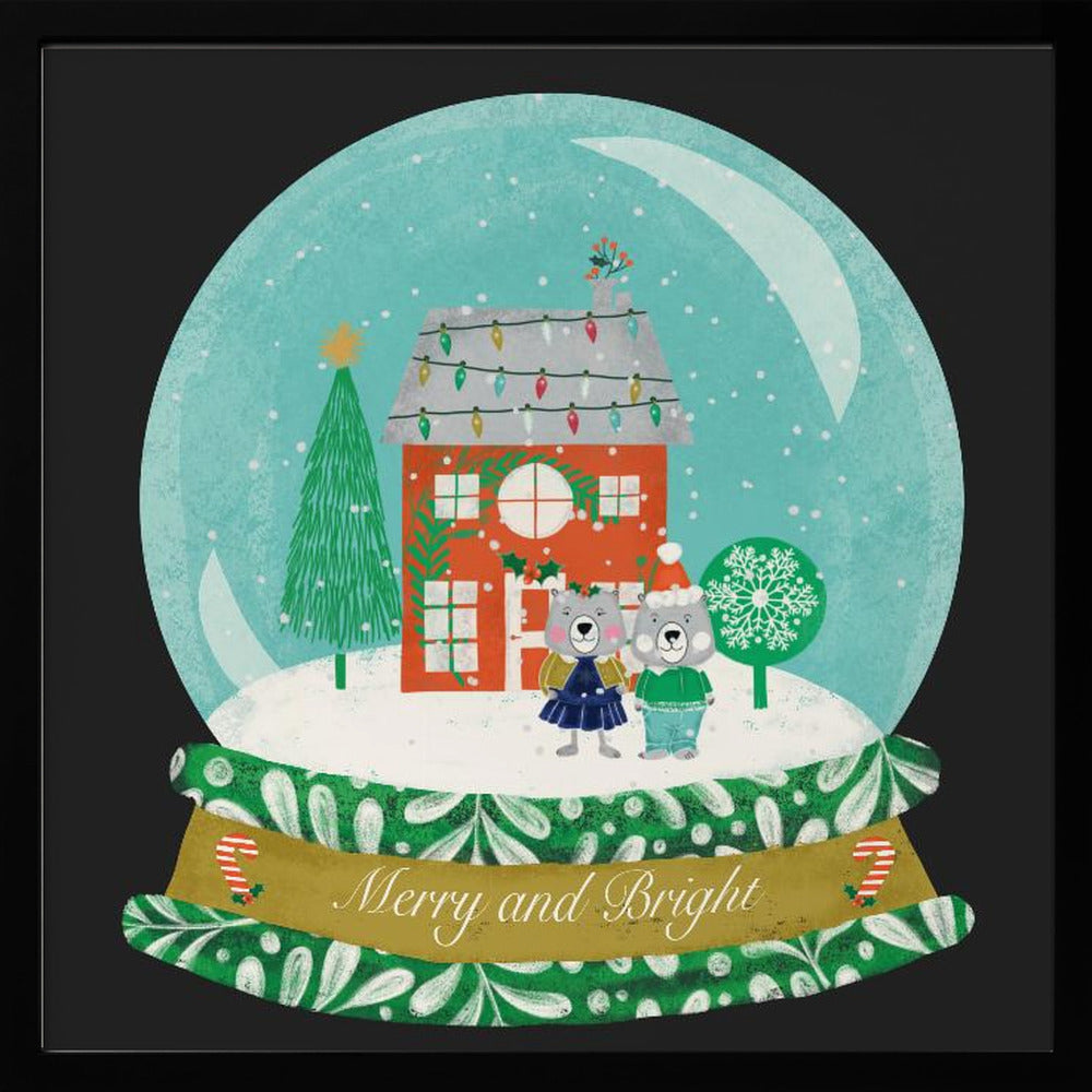 Christmas Snow Globe Village with Bear Family  - Merry and Bright Poster