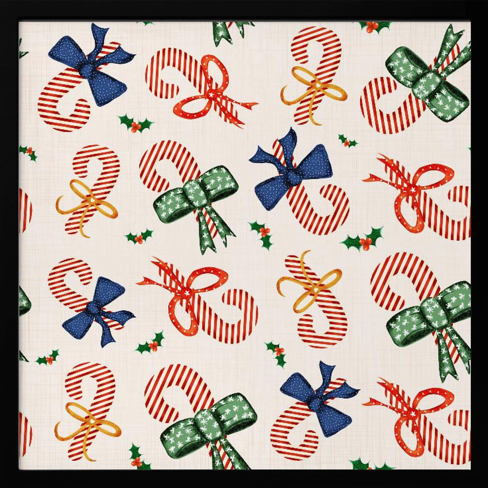 Preppy Festive Candy Cane &amp; Bows Beige Poster