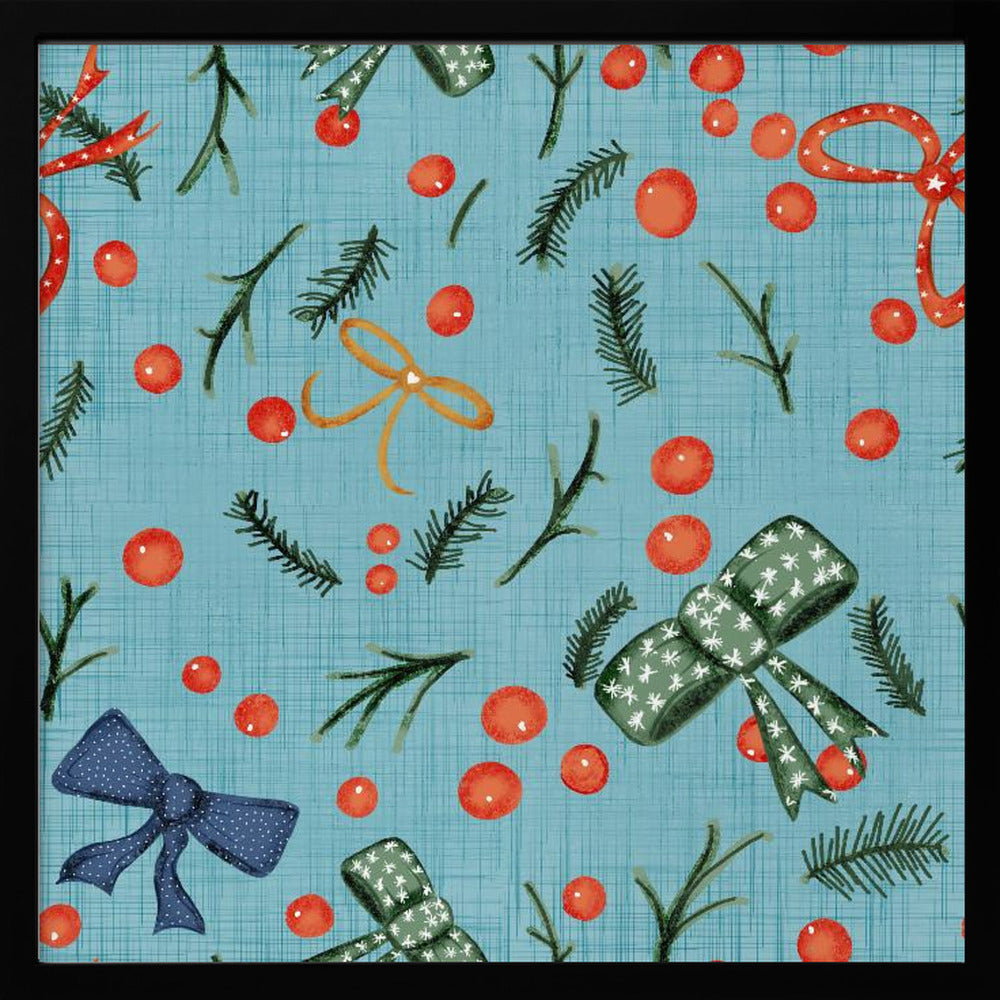 Moody Yuletide Holiday Bows and Berries Baby Blue Poster