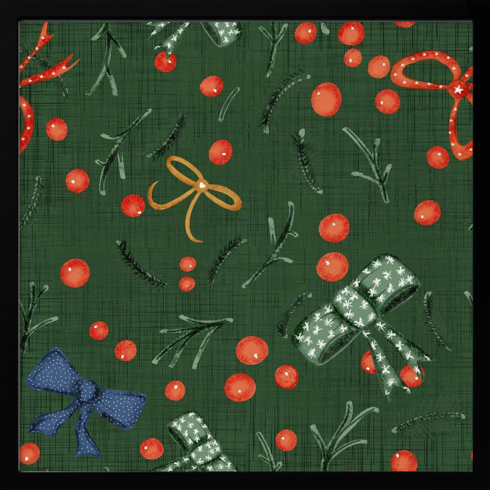 Moody Yuletide Holiday Bows and Berries Green Poster