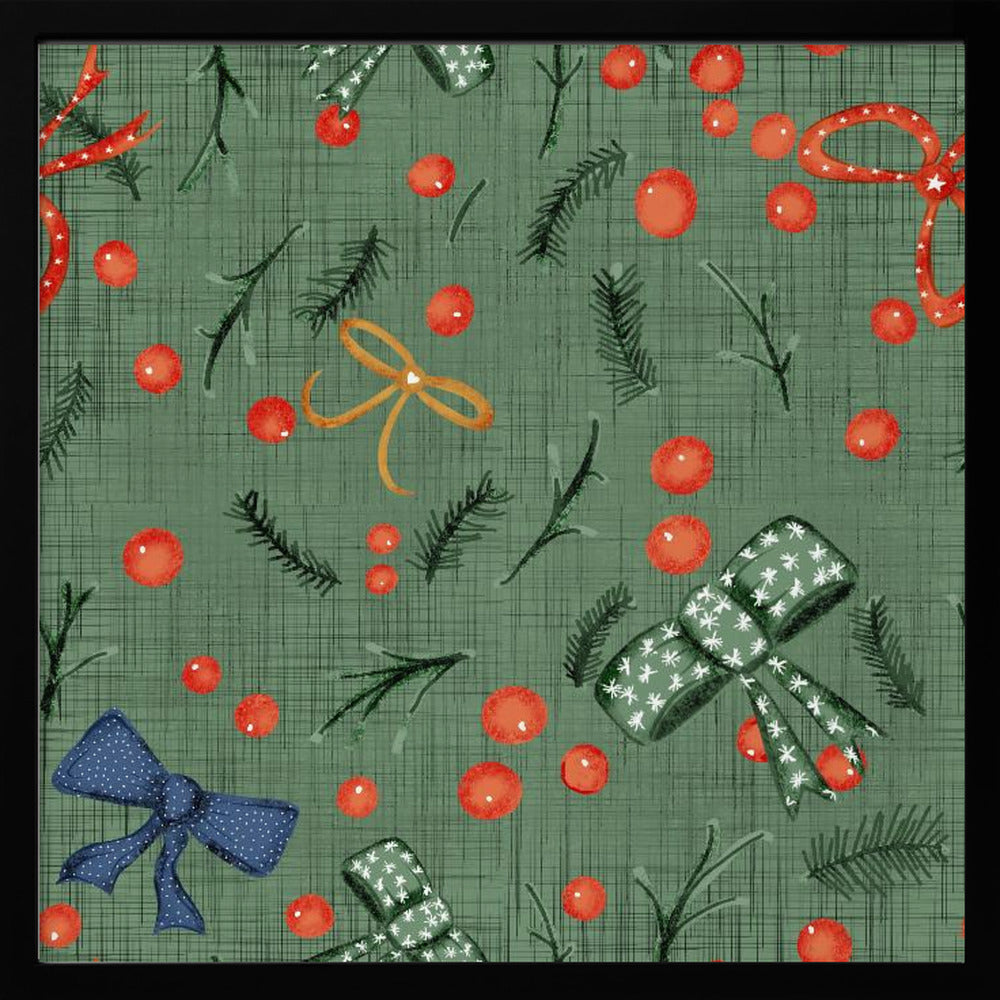 Moody Yuletide Holiday Bows and Berries Sage Poster