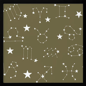 Celestial Constellation Boho-Moon and Stars In Dark Neutral-Olive Poster