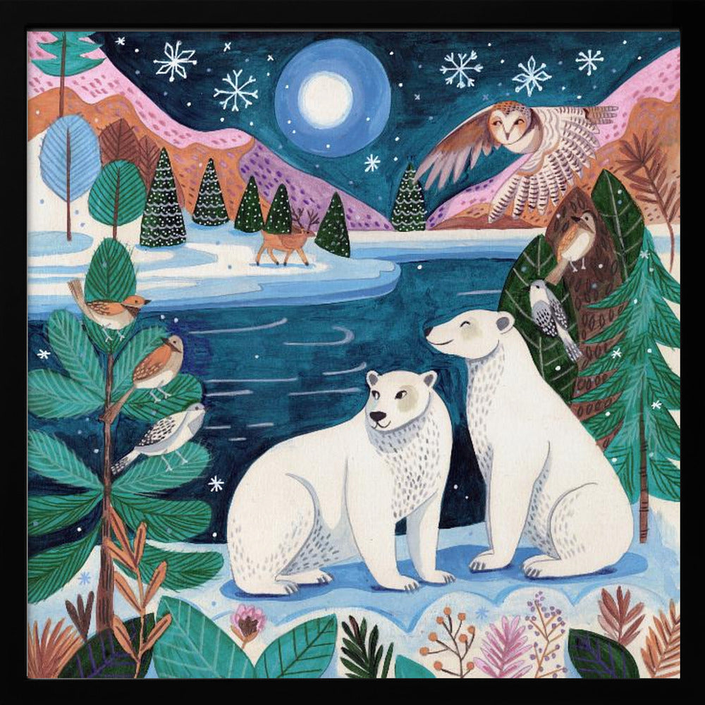 Polar bears Christmas at the North Pole under the moon Poster