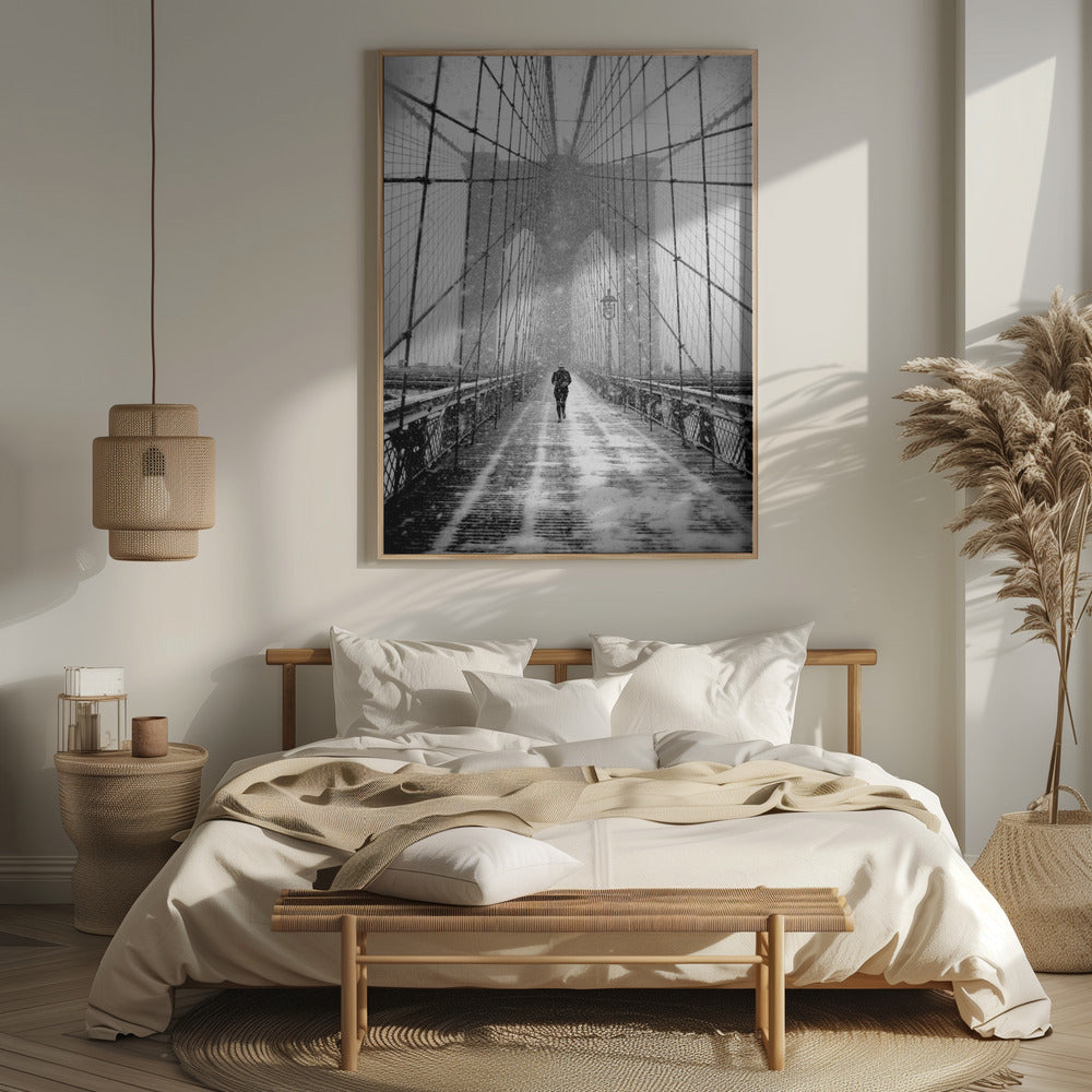 New York Walker in Blizzard - Brooklyn Bridge Poster