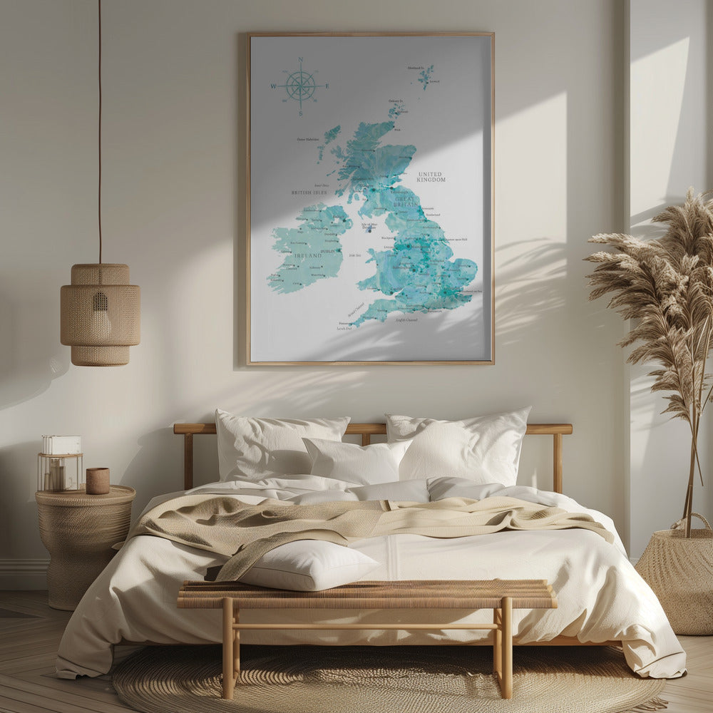 Aquamarine watercolor map of the United Kingdom Poster