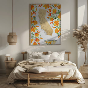 California map with watercolor poppies Poster