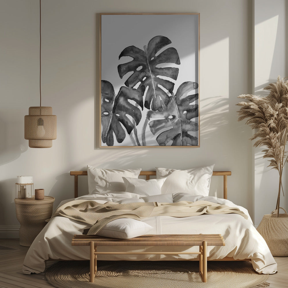 Monstera Leaves In Loose Watercolor Black and White Poster