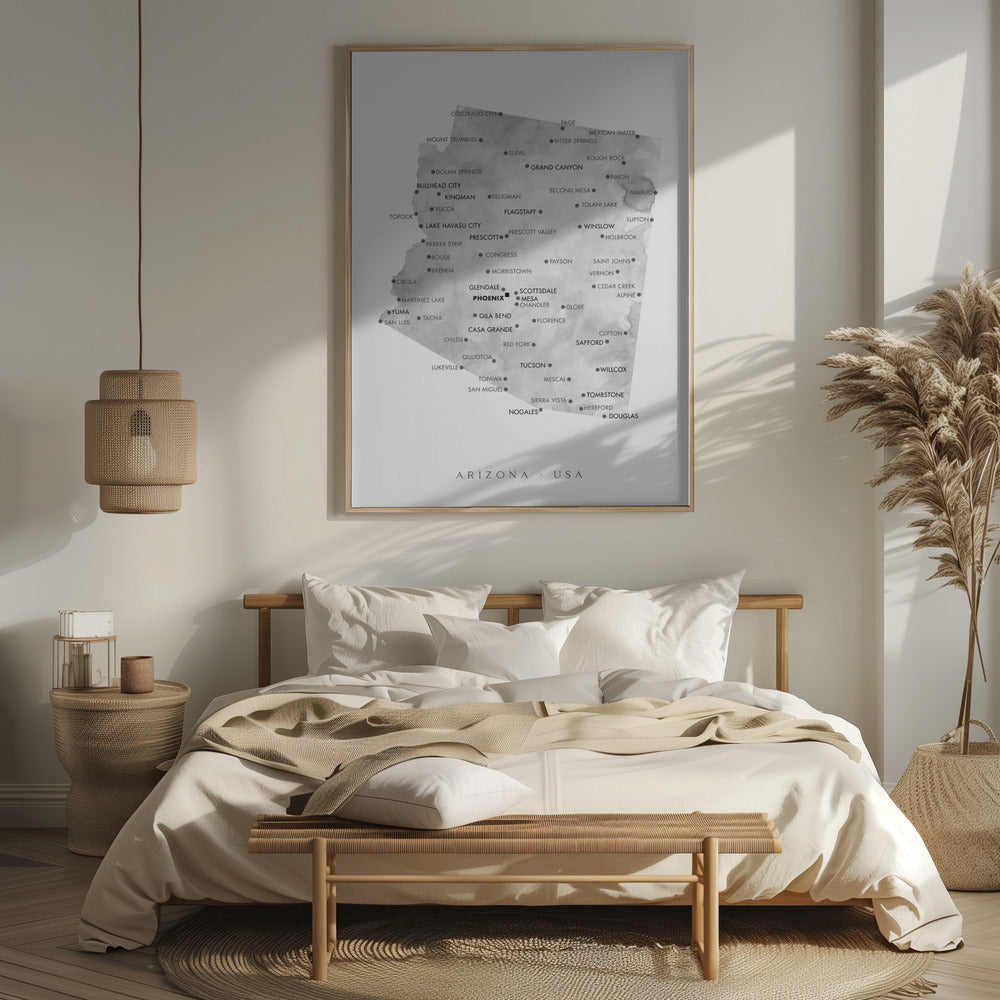 Grayscale watercolor map of Arizona, USA Poster