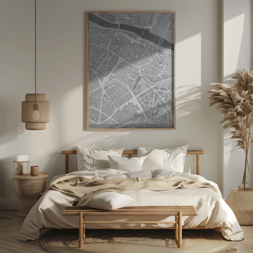 Map of Zaragoza downtown (Spain) in gray vintage style Poster