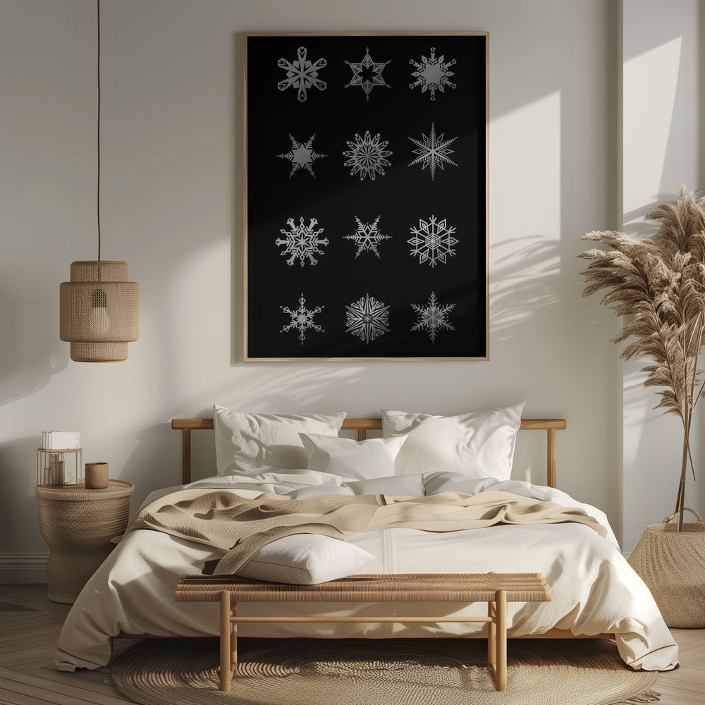 Twelve geometric snowflakes in black Poster