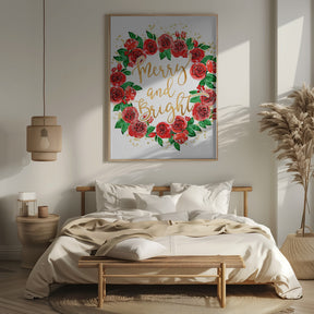 Merry and bright wreath of red English roses Poster