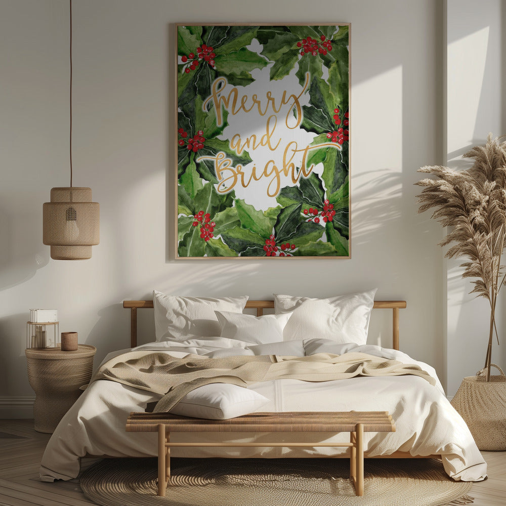 Merry and bright holly floral art Poster