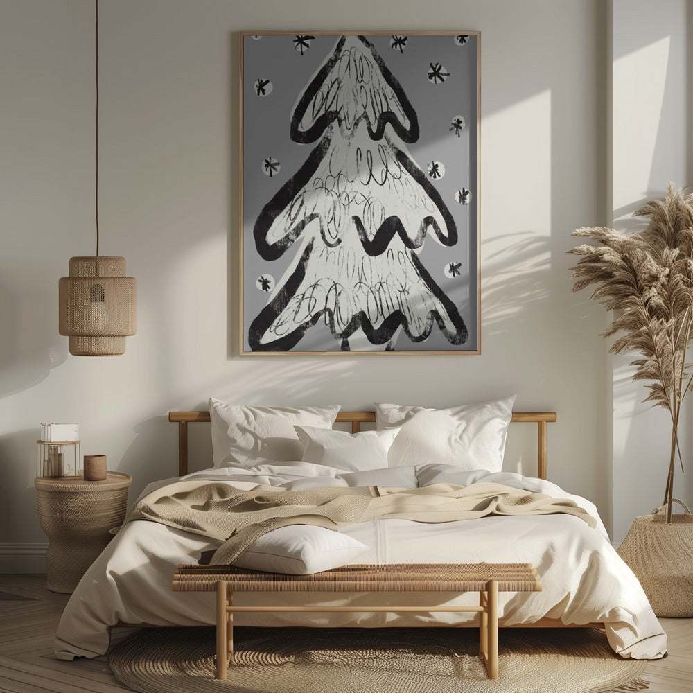 Christmas Tree And Snow Grey Poster