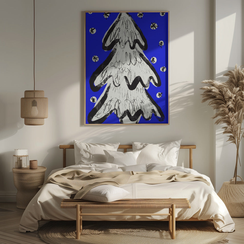 Christmas Tree And Snow Blue Poster