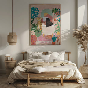 Woman taking bath in pink tropical bathroom Poster