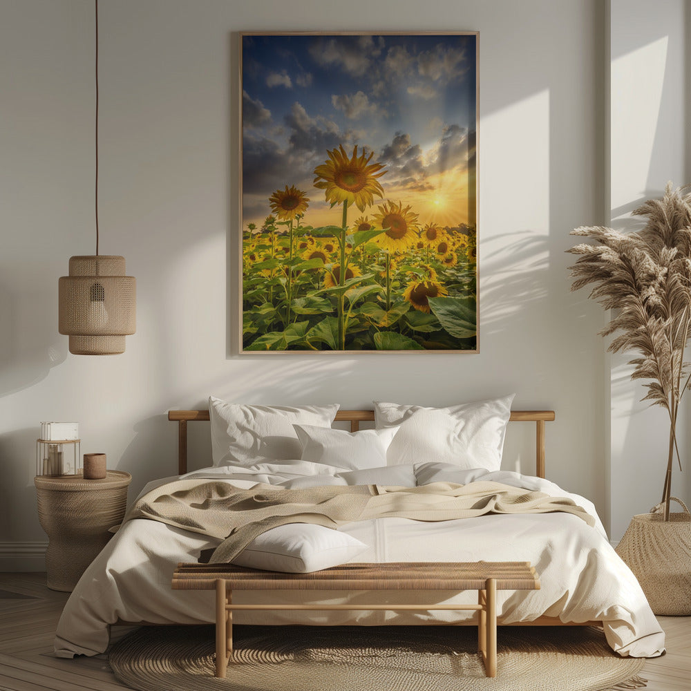 Sunflower field at sunset Poster